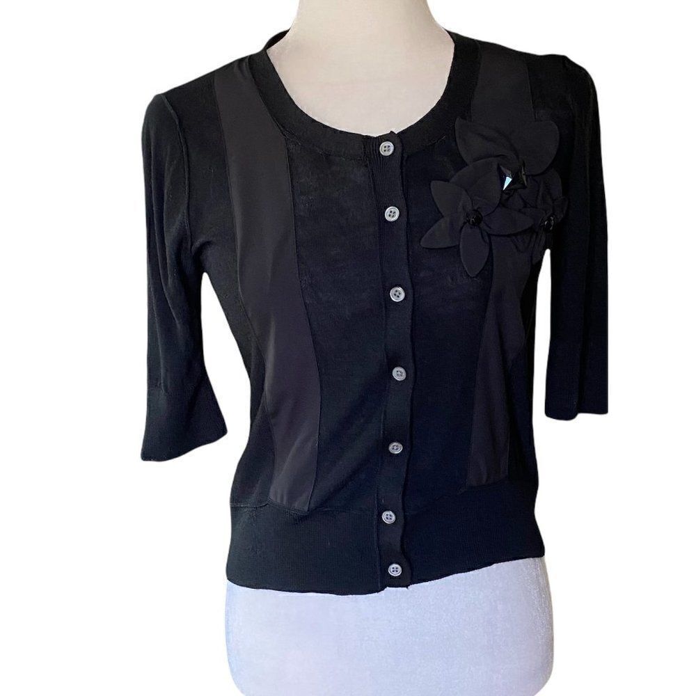 DKNY Black Floral Embellished Silk Sweater SZ P